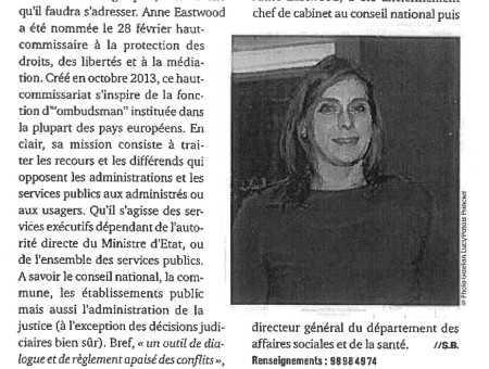 "Anne Eastwood, nommée Ombudsman"